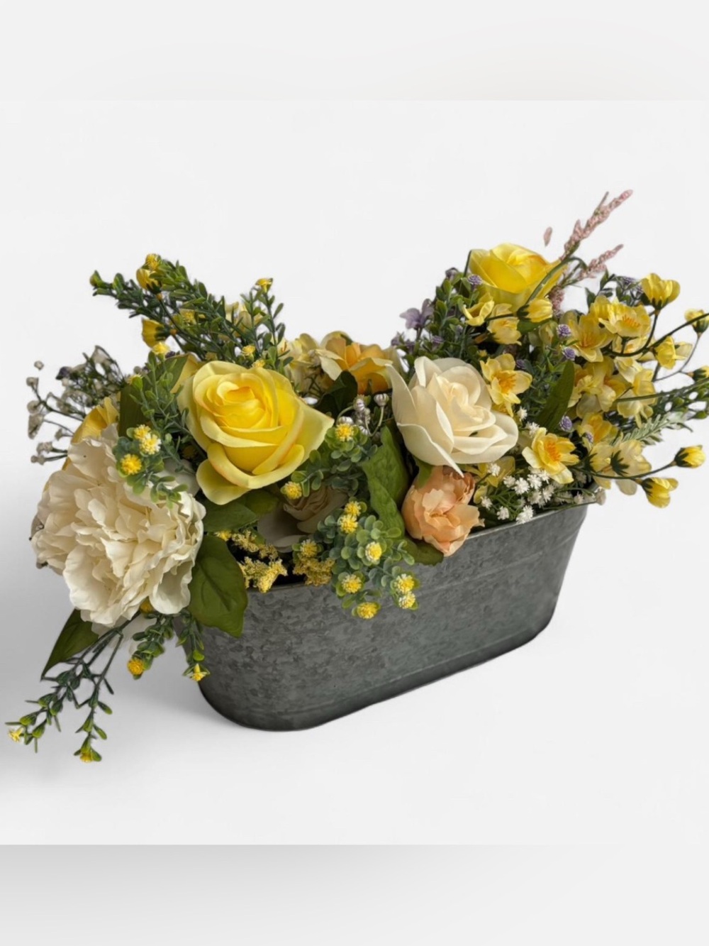 Yellow and Cream Faux Floral Centerpiece in Metal Planter